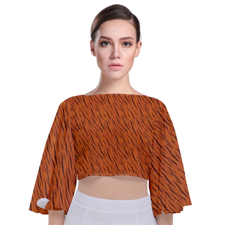 Animal Skin - Lion And Orange Skinnes Animals - Savannah And Africa Tie Back Butterfly Sleeve Chiffon Top