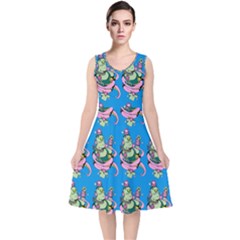 Monster And Cute Monsters Fight With Snake And Cyclops V-neck Midi Sleeveless Dress  by DinzDas