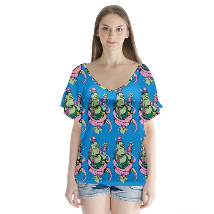 Monster And Cute Monsters Fight With Snake And Cyclops V-Neck Flutter Sleeve Top