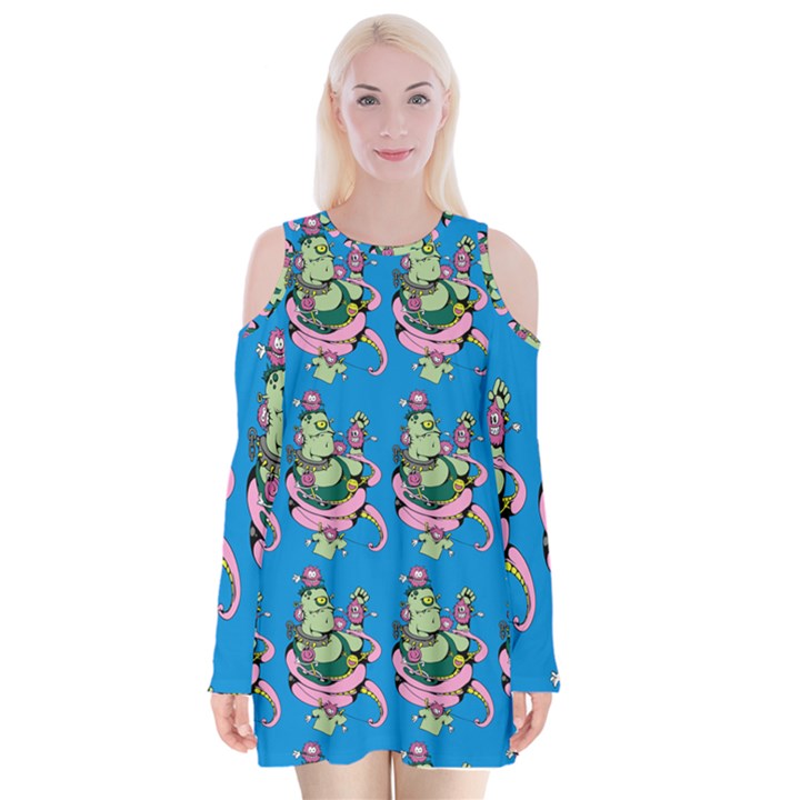 Monster And Cute Monsters Fight With Snake And Cyclops Velvet Long Sleeve Shoulder Cutout Dress
