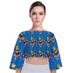 Monster And Cute Monsters Fight With Snake And Cyclops Tie Back Butterfly Sleeve Chiffon Top by DinzDas