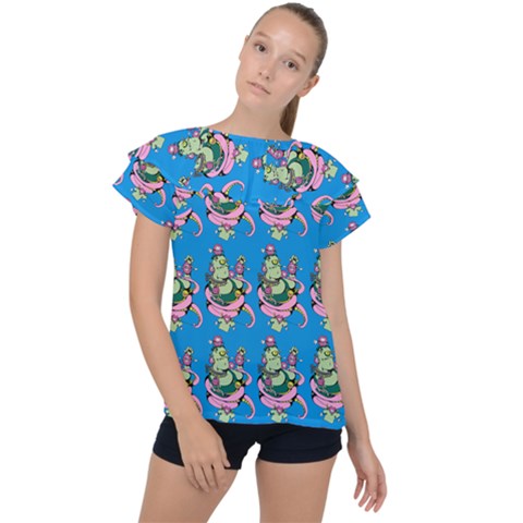 Monster And Cute Monsters Fight With Snake And Cyclops Ruffle Collar Chiffon Blouse by DinzDas