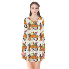 Love And Flowers And Peace Fo All Hippies Long Sleeve V-neck Flare Dress by DinzDas