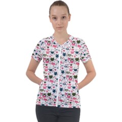 Adorable Seamless Cat Head Pattern01 Short Sleeve Zip Up Jacket