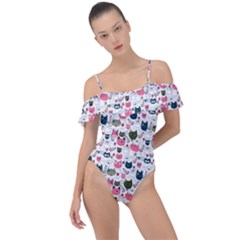 Adorable Seamless Cat Head Pattern01 Frill Detail One Piece Swimsuit