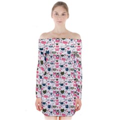 Adorable Seamless Cat Head Pattern01 Long Sleeve Off Shoulder Dress