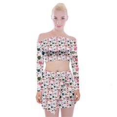 Adorable Seamless Cat Head Pattern01 Off Shoulder Top With Mini Skirt Set