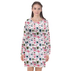 Adorable Seamless Cat Head Pattern01 Long Sleeve Chiffon Shift Dress 