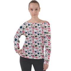 Adorable Seamless Cat Head Pattern01 Off Shoulder Long Sleeve Velour Top