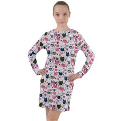 Adorable Seamless Cat Head Pattern01 Long Sleeve Hoodie Dress