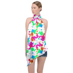 Bright Multicolored Abstract Print Halter Asymmetric Satin Top by dflcprintsclothing