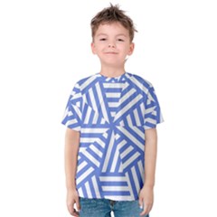 Geometric Blue And White Lines, Stripes Pattern Kids  Cotton Tee