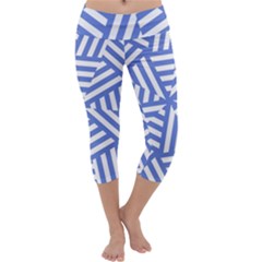 Geometric Blue And White Lines, Stripes Pattern Capri Yoga Leggings by Casemiro