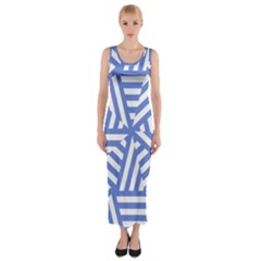 Geometric Blue And White Lines, Stripes Pattern Fitted Maxi Dress by Casemiro