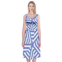 Geometric Blue And White Lines, Stripes Pattern Midi Sleeveless Dress by Casemiro