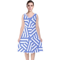 Geometric Blue And White Lines, Stripes Pattern V-neck Midi Sleeveless Dress  by Casemiro