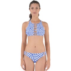 Geometric Blue And White Lines, Stripes Pattern Perfectly Cut Out Bikini Set by Casemiro
