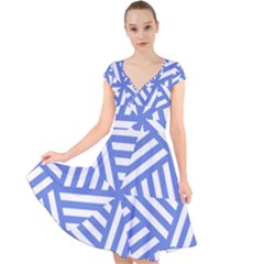 Geometric Blue And White Lines, Stripes Pattern Cap Sleeve Front Wrap Midi Dress by Casemiro