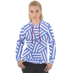 Geometric Blue And White Lines, Stripes Pattern Women s Overhead Hoodie