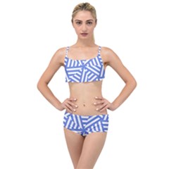 Geometric Blue And White Lines, Stripes Pattern Layered Top Bikini Set by Casemiro
