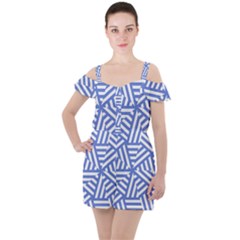 Geometric Blue And White Lines, Stripes Pattern Ruffle Cut Out Chiffon Playsuit by Casemiro