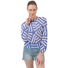 Geometric Blue And White Lines, Stripes Pattern Banded Bottom Chiffon Top by Casemiro