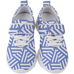 Geometric Blue And White Lines, Stripes Pattern Kids  Velcro Strap Shoes by Casemiro