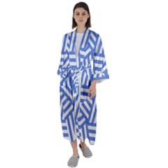 Geometric Blue And White Lines, Stripes Pattern Maxi Satin Kimono by Casemiro