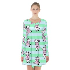 Cow Pattern Long Sleeve Velvet V-neck Dress by designsbymallika