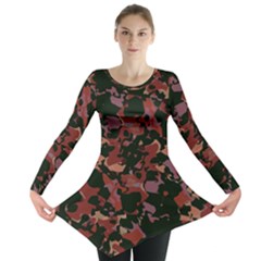 Red Dark Camo Abstract Print Long Sleeve Tunic  by dflcprintsclothing