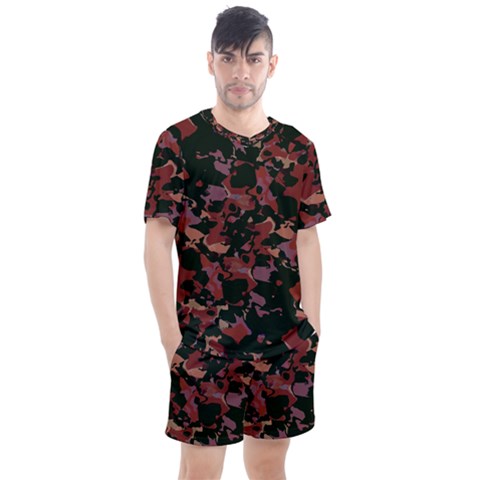 Red Dark Camo Abstract Print Men s Mesh Tee And Shorts Set by dflcprintsclothing