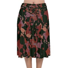 Red Dark Camo Abstract Print Velvet Flared Midi Skirt by dflcprintsclothing