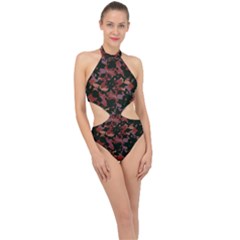 Red Dark Camo Abstract Print Halter Side Cut Swimsuit by dflcprintsclothing