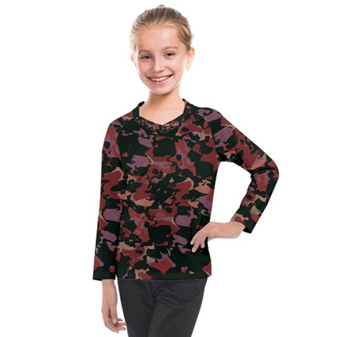 Red Dark Camo Abstract Print Kids  Long Mesh Tee by dflcprintsclothing