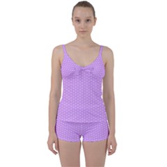 White Polka Dot Pastel Purple Background, Pink Color Vintage Dotted Pattern Tie Front Two Piece Tankini by Casemiro