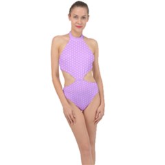 White Polka Dot Pastel Purple Background, Pink Color Vintage Dotted Pattern Halter Side Cut Swimsuit by Casemiro