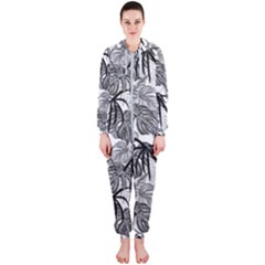 Black And White Leafs Pattern, Tropical Jungle, Nature Themed Hooded Jumpsuit (ladies)  by Casemiro