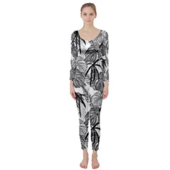 Black And White Leafs Pattern, Tropical Jungle, Nature Themed Long Sleeve Catsuit by Casemiro