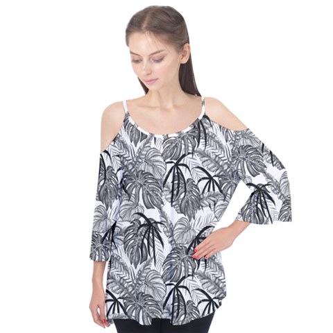 Black And White Leafs Pattern, Tropical Jungle, Nature Themed Flutter Tees by Casemiro