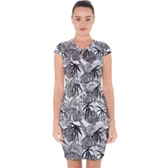 Black And White Leafs Pattern, Tropical Jungle, Nature Themed Capsleeve Drawstring Dress  by Casemiro