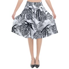 Black And White Leafs Pattern, Tropical Jungle, Nature Themed Flared Midi Skirt by Casemiro