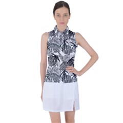 Black And White Leafs Pattern, Tropical Jungle, Nature Themed Women s Sleeveless Polo Tee by Casemiro