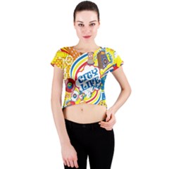 Colorful city life horizontal seamless pattern urban city Crew Neck Crop Top