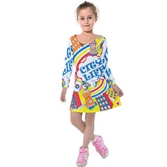 Colorful city life horizontal seamless pattern urban city Kids  Long Sleeve Velvet Dress