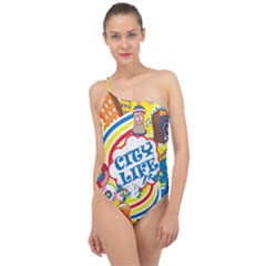 Colorful city life horizontal seamless pattern urban city Classic One Shoulder Swimsuit