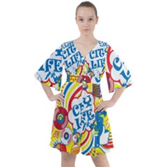 Colorful city life horizontal seamless pattern urban city Boho Button Up Dress