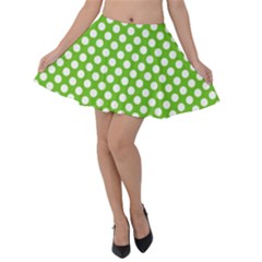 Pastel Green Lemon, White Polka Dots Pattern, Classic, Retro Style Velvet Skater Skirt by Casemiro