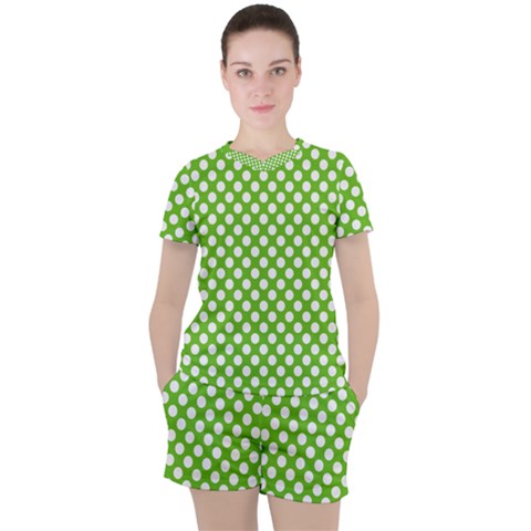 Pastel Green Lemon, White Polka Dots Pattern, Classic, Retro Style Women s Tee And Shorts Set by Casemiro