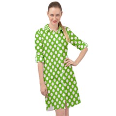Pastel Green Lemon, White Polka Dots Pattern, Classic, Retro Style Long Sleeve Mini Shirt Dress by Casemiro
