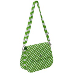 Pastel Green Lemon, White Polka Dots Pattern, Classic, Retro Style Saddle Handbag by Casemiro